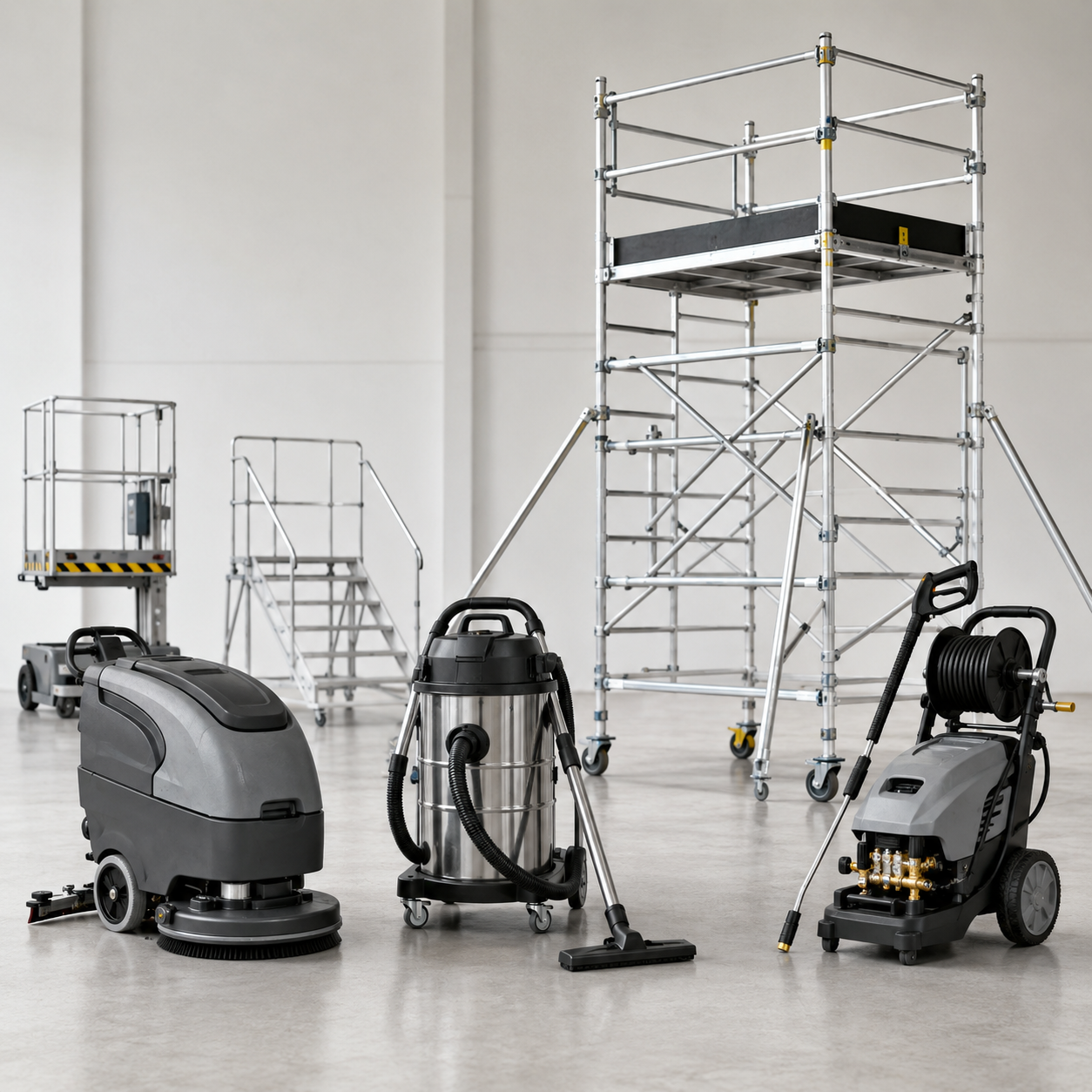 Range of professional cleaning machines and mobile scaffolding equipment